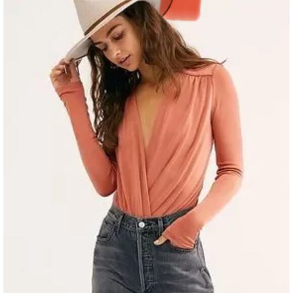 Free People Tops - Free People Intimately Long Sleeve Turnt Bodysuit V Neck Size Med Ginger Spice